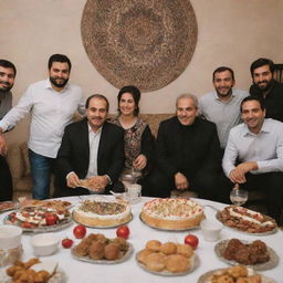 An Iranian man celebrating his 29th birthday party with friends and family, surrounded by traditional Iranian decor, food, and music.