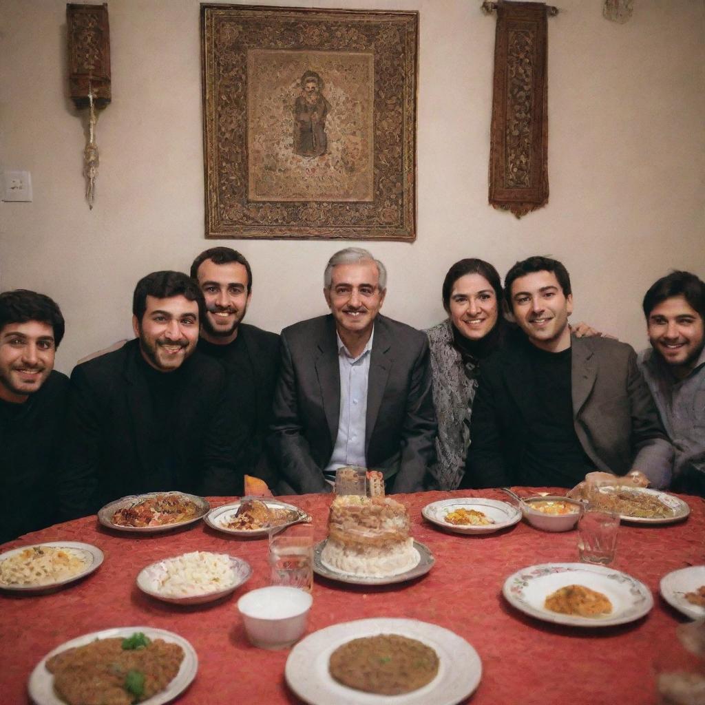 An Iranian man celebrating his 29th birthday party with friends and family, surrounded by traditional Iranian decor, food, and music.