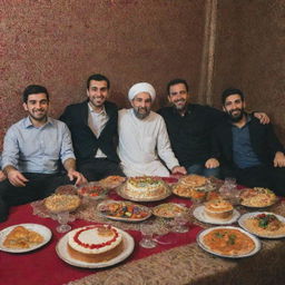 An Iranian man celebrating his 29th birthday party with friends and family, surrounded by traditional Iranian decor, food, and music.