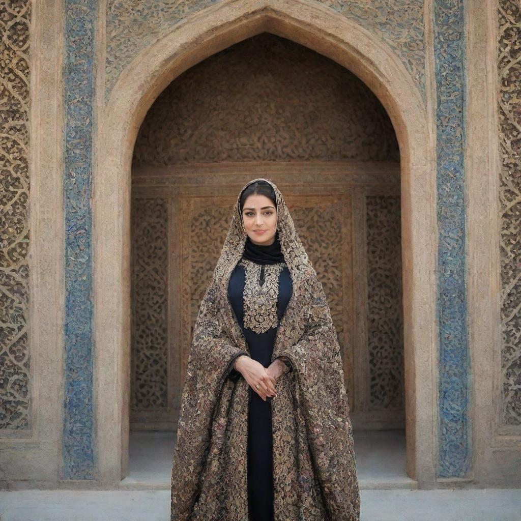 An Iranian woman in traditional attire, standing against the backdrop of an ornate Persian architecture.