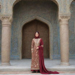 An Iranian woman in traditional attire, standing against the backdrop of an ornate Persian architecture.