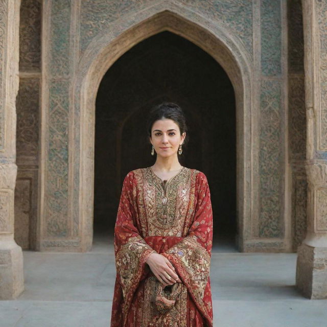 An Iranian woman in traditional attire, standing against the backdrop of an ornate Persian architecture.