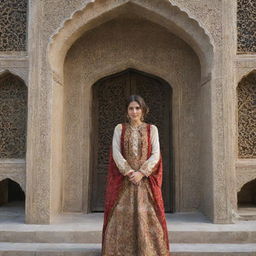 An Iranian woman in traditional attire, standing against the backdrop of an ornate Persian architecture.