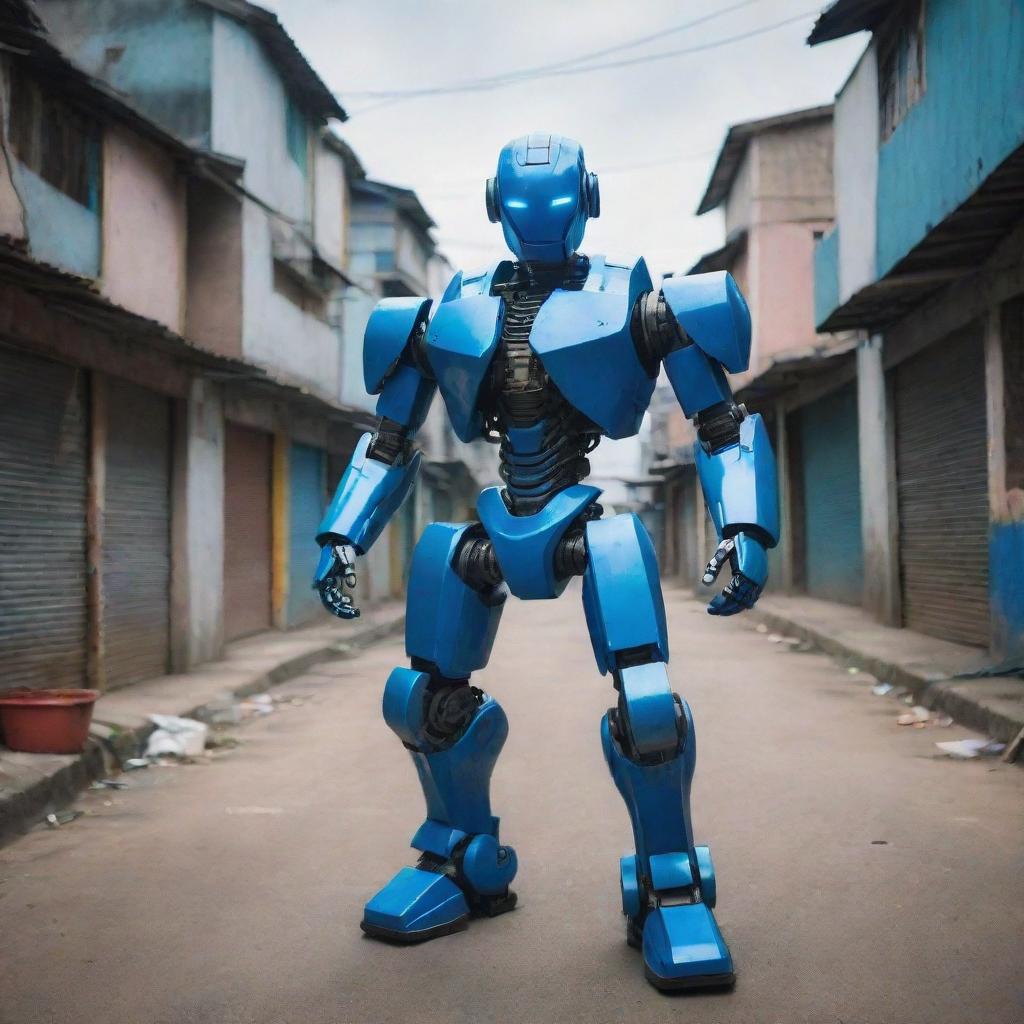 A vibrant blue futuristic robot standing in the heart of a gritty Brazilian favela with two gleaming katanas held in its hands