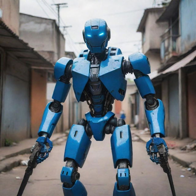 A vibrant blue futuristic robot standing in the heart of a gritty Brazilian favela with two gleaming katanas held in its hands