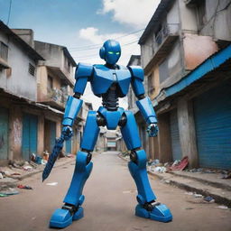 A vibrant blue futuristic robot standing in the heart of a gritty Brazilian favela with two gleaming katanas held in its hands