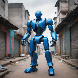 A vibrant blue futuristic robot standing in the heart of a gritty Brazilian favela with two gleaming katanas held in its hands