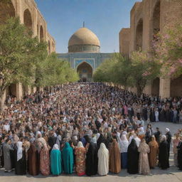 A vibrant scene of a liberated Iran, showcasing jubilant citizens, blossoming arts, culture, and architecture in a peaceful setting