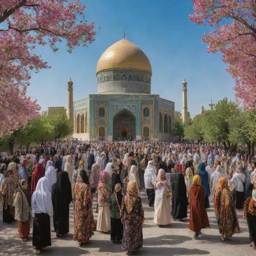 A vibrant scene of a liberated Iran, showcasing jubilant citizens, blossoming arts, culture, and architecture in a peaceful setting