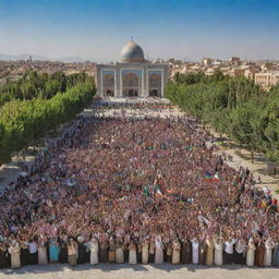 A vibrant scene of a liberated Iran, showcasing jubilant citizens, blossoming arts, culture, and architecture in a peaceful setting