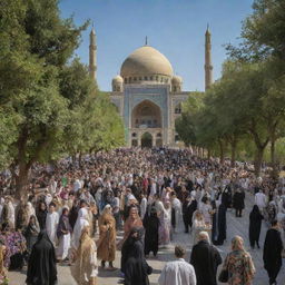 A vibrant scene of a liberated Iran, showcasing jubilant citizens, blossoming arts, culture, and architecture in a peaceful setting