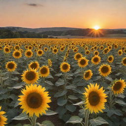 A large sunflower field at sunset with the sun low in the sky, casting a golden hue across the landscape