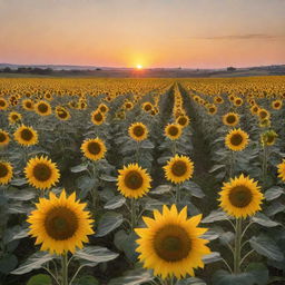 A large sunflower field at sunset with the sun low in the sky, casting a golden hue across the landscape