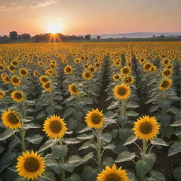 A large sunflower field at sunset with the sun low in the sky, casting a golden hue across the landscape