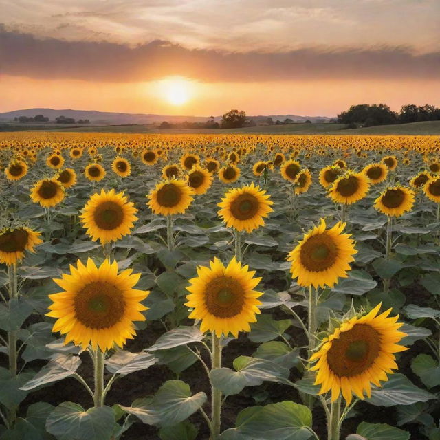 A large sunflower field at sunset with the sun low in the sky, casting a golden hue across the landscape