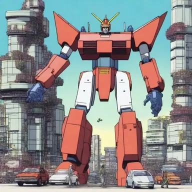 In the popular anime series, giant robots are built on the assembly line to defend Earth from alien invaders.