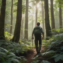 A detailed, realistic image of a man trekking through the dense, green foliage of a lush forest, with dappled sunlight filtering through the treetops.