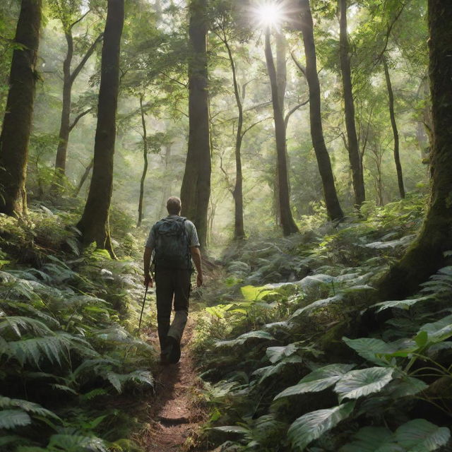 A detailed, realistic image of a man trekking through the dense, green foliage of a lush forest, with dappled sunlight filtering through the treetops.