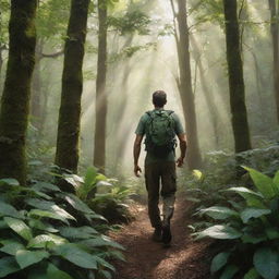 A detailed, realistic image of a man trekking through the dense, green foliage of a lush forest, with dappled sunlight filtering through the treetops.