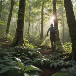 A detailed, realistic image of a man trekking through the dense, green foliage of a lush forest, with dappled sunlight filtering through the treetops.