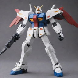 A detailed Gundam mech with sleek wings and a powerful rocket launcher poised for action.