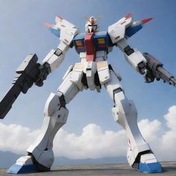 A detailed Gundam mech with sleek wings and a powerful rocket launcher poised for action.