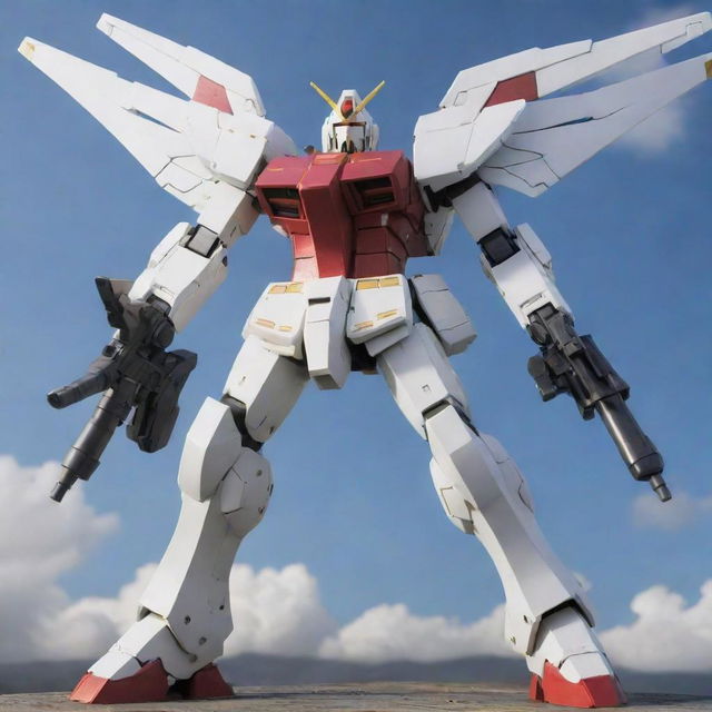 A detailed Gundam mech with sleek wings and a powerful rocket launcher poised for action.