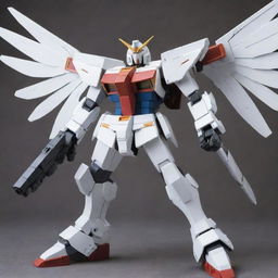 A detailed Gundam mech with sleek wings and a powerful rocket launcher poised for action.