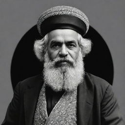 Design a detailed, black and white, high-quality image of Karl Marx depicted as a mullah, attired in traditional Islamic dress.