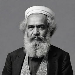 Design a detailed, black and white, high-quality image of Karl Marx depicted as a mullah, attired in traditional Islamic dress.