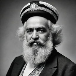 Design a detailed, black and white, high-quality image of Karl Marx depicted as a mullah, attired in traditional Islamic dress.