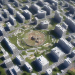 This is a high-quality 3D render of a city layout, showcasing a mixed radial form