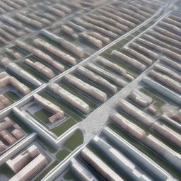 This is a high-quality 3D render of a city layout, showcasing a mixed radial form