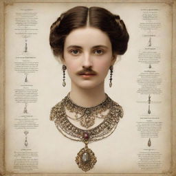 Generate an intricate infographic with visual, linguistic, spatial, and gestural multimodals, illustrating the main character from The Necklace by Guy de Maupassant. Include key personality traits, important events, and significant interactions.