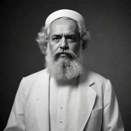 Craft a high-quality, full-body image of Karl Marx envisioned as an Imam, in black and white shades, displaying an aura of solemn reverence.