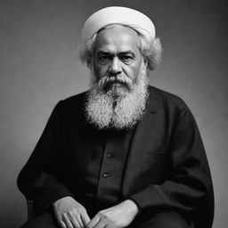 Craft a high-quality, full-body image of Karl Marx envisioned as an Imam, in black and white shades, displaying an aura of solemn reverence.