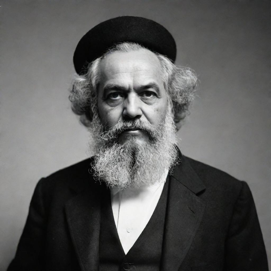 Craft a high-quality, full-body image of Karl Marx envisioned as an Imam, in black and white shades, displaying an aura of solemn reverence.