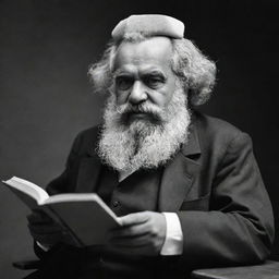 Construct a high-quality, black and white image featuring Karl Marx as a mullah, deeply engrossed in reading a book.