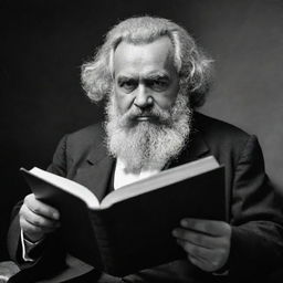 Construct a high-quality, black and white image featuring Karl Marx as a mullah, deeply engrossed in reading a book.