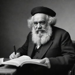 Construct a high-quality, black and white image featuring Karl Marx as a mullah, deeply engrossed in reading a book.