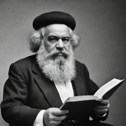 Construct a high-quality, black and white image featuring Karl Marx as a mullah, deeply engrossed in reading a book.