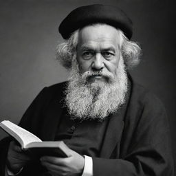 Create a black and white, high-quality image of Karl Marx as an Imam deeply engrossed in reading a book, with careful attention to the details of his attire and expression.