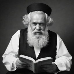 Create a black and white, high-quality image of Karl Marx as an Imam deeply engrossed in reading a book, with careful attention to the details of his attire and expression.