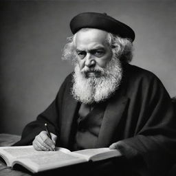 Create a black and white, high-quality image of Karl Marx as an Imam deeply engrossed in reading a book, with careful attention to the details of his attire and expression.