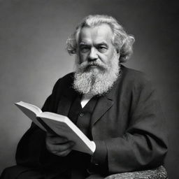 Create a black and white, high-quality image of Karl Marx as an Imam deeply engrossed in reading a book, with careful attention to the details of his attire and expression.