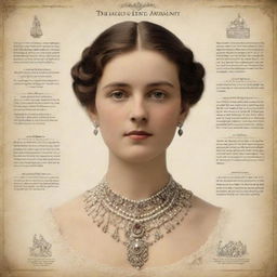 Create a detailed infographic of the main character from Guy de Maupassant's 'The Necklace', illustrating key facets of the character through visual, linguistic, spatial, and gestural modes.