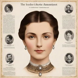 Create a detailed infographic of the main character from Guy de Maupassant's 'The Necklace', illustrating key facets of the character through visual, linguistic, spatial, and gestural modes.