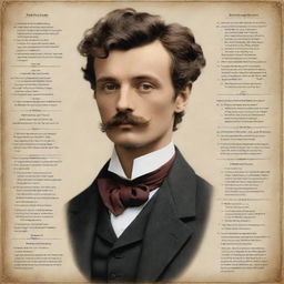 Create a detailed infographic of the main character from Guy de Maupassant's 'The Necklace', illustrating key facets of the character through visual, linguistic, spatial, and gestural modes.