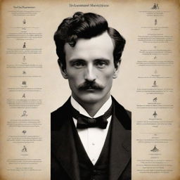 Create a detailed infographic of the main character from Guy de Maupassant's 'The Necklace', illustrating key facets of the character through visual, linguistic, spatial, and gestural modes.