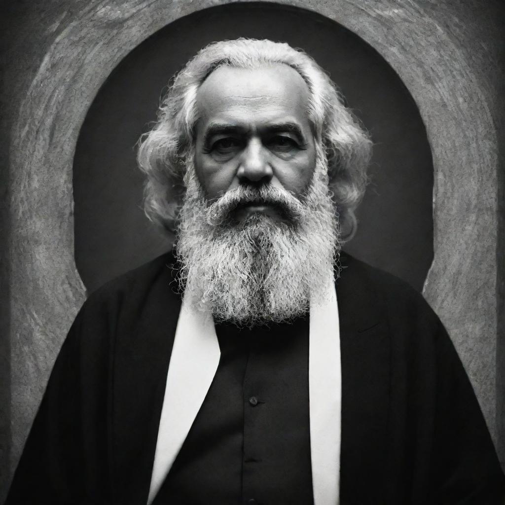 Design a high-quality, black and white image of Karl Marx portrayed as an Imam, in a state of solemn prayer, exhibiting profound tranquility.